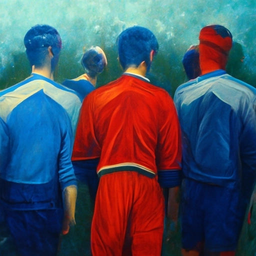 два игрока из синей футбольной команды и один из красной стоят с друг другом